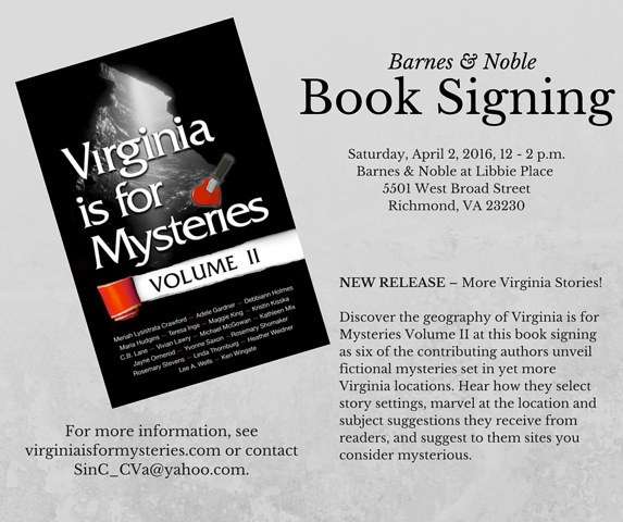 Virginia is for Mysteries: Volume II book signing on April 2
