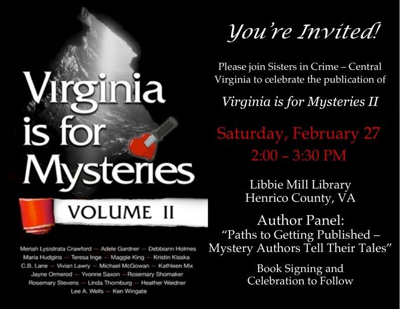 Virginia is for Mysteries Volume II celebration on February 27th at Libbie Mill Library