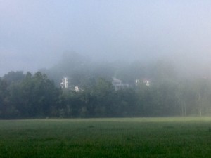 Nimrod Hall Writers' Workshop view of Nimrod Hall through morning mist