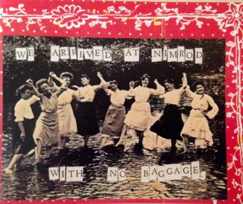 Note card showing women standing in a stream. Text reads, "We arrived at Nimrod with no baggage"