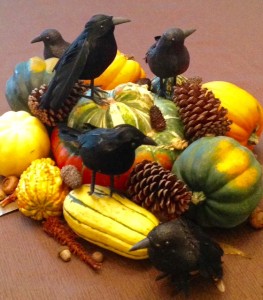 a murder of crows in an autumn centerpiece