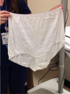 Forensic nurse holding a pair of women's underwear, large, granny panty,