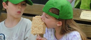 children eating cake on a stick at a state fair